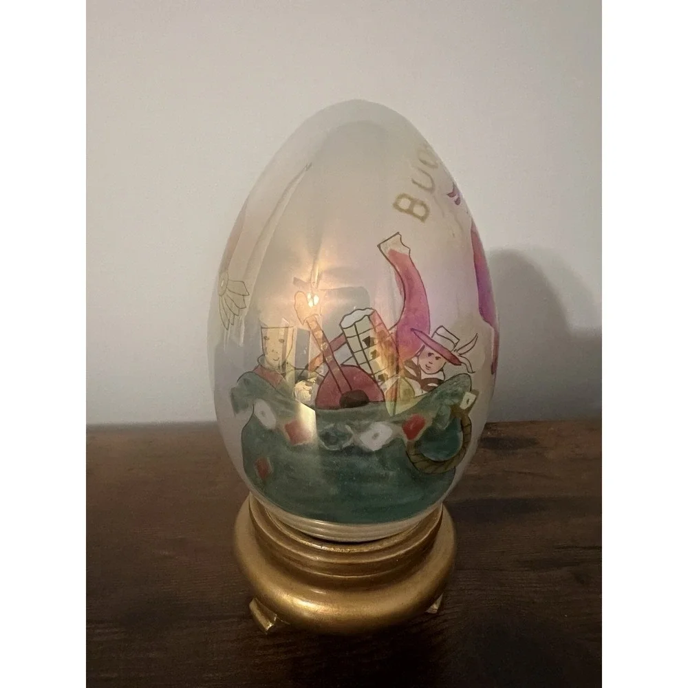 Les Hans‎ Inside Painted Glass Egg Renaissance Santa Wood Base Vintage